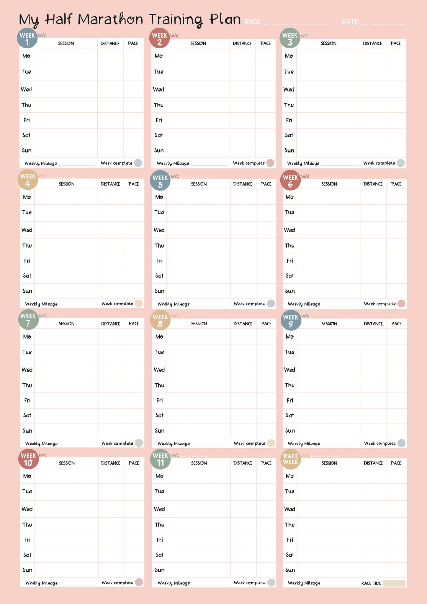 12 Week Half Marathon Planner - pink