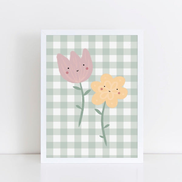 Happy Flowers Print - Green Gingham
