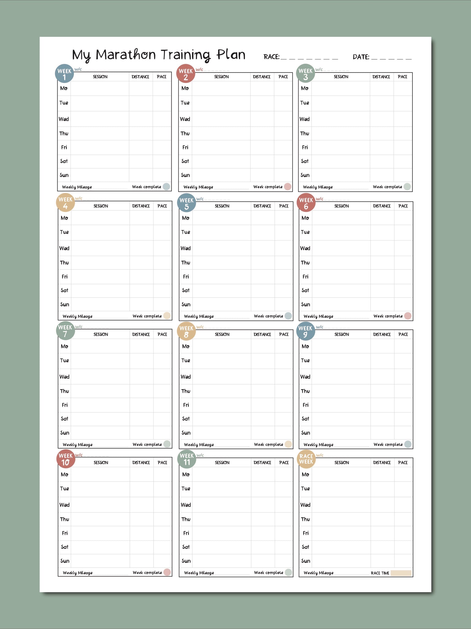 12 Week Marathon Planner - white